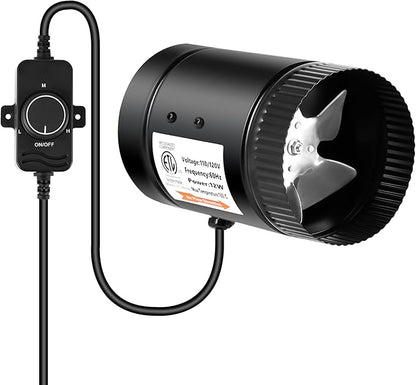 iPower 4 Inch Inline Booster Speed, 106 CFM Ventilation Exhaust HVAC Duct Blower for Bathroom, Kitchen, Basement, Attic and Grow Tent, 4" Fan with Controller, Black