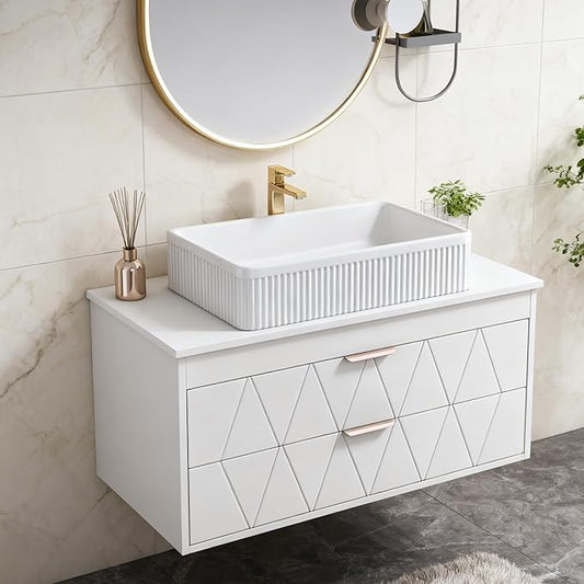 32 inch Bathroom Vanity with Vessel Sink, Wall Mounted Bathroom Cabinet with 2 Soft Closing Drawers, Rose Gold Handle, Solid Wood Countertop, Floating Modern Bathroom Vanity for Small Space, White