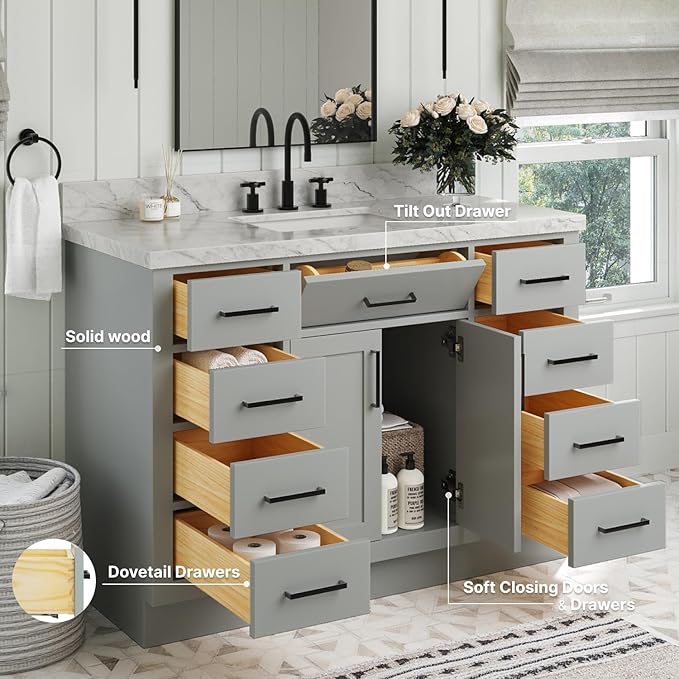 ARIEL Hepburn 48-inch Bathroom Vanity Base Cabinet,Solid Wood, 2 Soft Closing Doors, 9 Dovetail Drawers, Grey