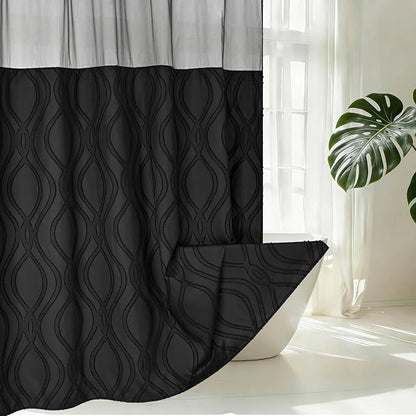 Yinhua No Hook Shower Curtain with Snap in Liner Set, 71" W×74" L, Black | Hotel Style with See Through Top Window, Washable Waterproof, Tufted Textured, Hookless Curtain for Bathroom Bathtub