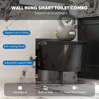 Black Basic Smart Function Wall Hung Toilet Combo, Built-In Water Tank, Heated Seat,Auto Flush,Foot Sensor Flush,Nightlight, with In-Wall Carrier (No Need to buy an Additional Water Tank)