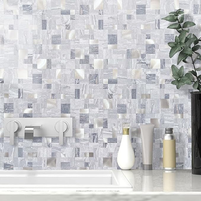 DICOFUN 1 Sheet Grey Marble Peel and Stick Tile Backsplash, Mixed Metal Silver Chips Kitchen and Bathroom Tiles, Stick on Backsplash for Stove