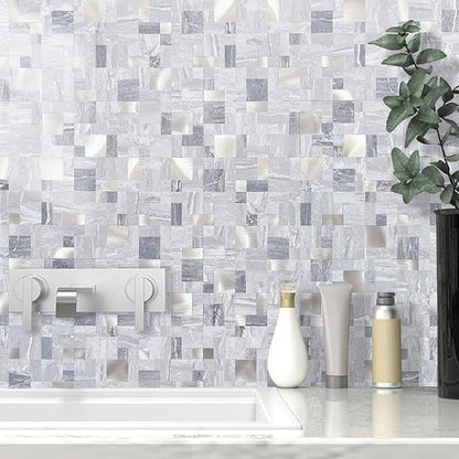DICOFUN 10 Sheets Grey Marble Peel and Stick Tile Backsplash, Mixed Metal Silver Chips Kitchen and Bathroom Tiles, Stick on Backsplash for Stove