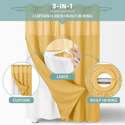 eachope No Hook Waffle Shower Curtain with Snap-in Liner, 71x77 Inch, Gold | 230 GSM waffle weave fabric, waterproof liner set with 2 bottom magnets, mesh top window, washable, for bathroom or hotel use