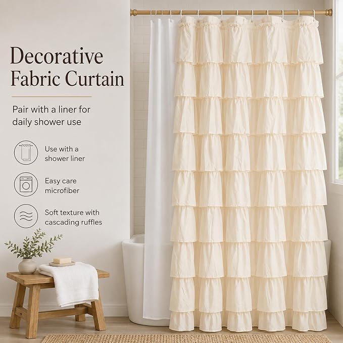 Beige Ruffle Shower Curtain for Bathroom, 72x72, Elegant Ruffled Panle | Soft Cream Color, Cascading Waterfall Ruffles, 72 x 72, 12 Hooks Included, Machine Washable, Soft Microfiber Fabric, Opaque