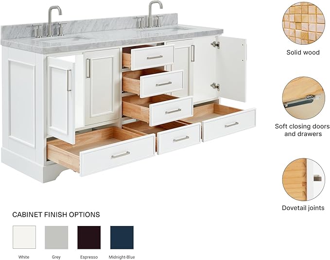 ARIEL Stafford 72-inch Bathroom Vanity with Sink,Solid Wood, 1.5-inch Italian Carrara Marble Countertop, Double Rectangular Porcelain Sink, 4 Soft Closing Doors, 6 Dovetail Drawers, White