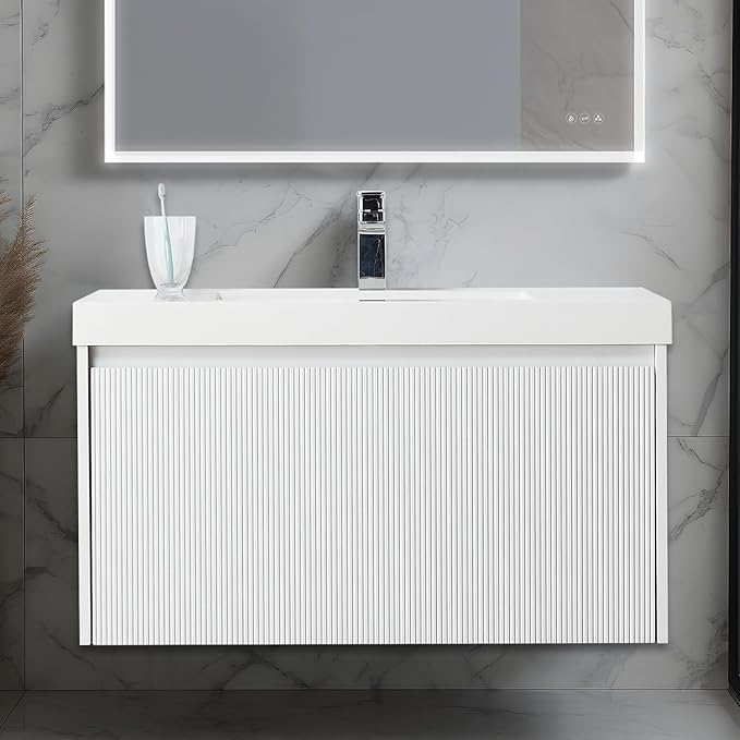 Blossom 36 Inch Bathroom Vanity with Sink | All Wood Wall Mounted Floating Vanity Cabinet with Acrylic Sink | Soft-Close Drawer | Modern Minimalist Style Vanities (36" w/Acrylic Basin, Matte White)