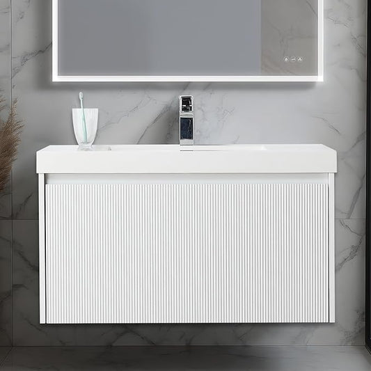 Blossom 36 Inch Bathroom Vanity with Sink | All Wood Wall Mounted Floating Vanity Cabinet with Acrylic Sink | Soft-Close Drawer | Modern Minimalist Style Vanities (36" w/Acrylic Basin, Matte White)