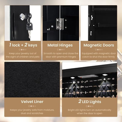 NAFORT 2 LEDs Jewelry Armoire with Full Length Mirror, 47.5" H Wall or Door Mounted Jewelry Cabinet with 2 Drawers, Lockable Jewelry Organizers and Storage, Hanging Jewelry Organizer, Black