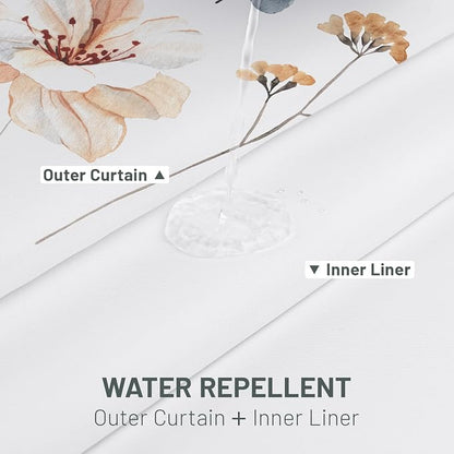 No Hook Floral Shower Curtain with Liner, Blue Beige, 71x80 | Snap in Liner, 3 in 1, Water Repellent, Easy Install, Machine Washable, Hotel Style for Bathroom, Watercolor Pattern