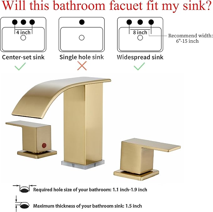 Brushed Gold Waterfall Bathroom Faucet 8 inch Widespread Vanity faucets Modern Faucet 3 Hole 2 Handle Gold Sink Faucet for Bathroom with LED(Brushed Gold)