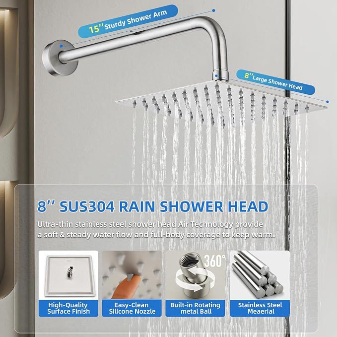 Shower Faucet Set With 8" Shower Head And Handheld Brushed | Wall Mounted Shower System Valve Include 2 Function