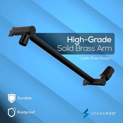 SparkPod 6" Square Rain Shower Head with 11" Shower Arm | Shower Head & Extension Arm Combo, Height Adjustable, High Pressure Performance, Easy 1-Minute Installation, Black Matte