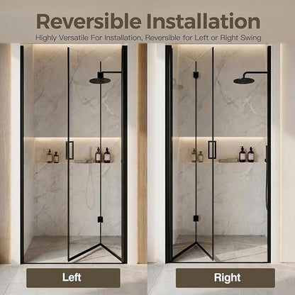 32-33.2" W x 72" H Frameless Bifold Pivot Swing Shower Door | 1/4" (6mm) Clear SGCC Tempered Glass with a space-saving folding Bathroom Door, Reversible Installation, Matte Black Finish