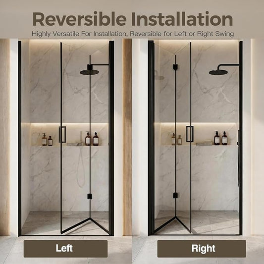 32-33.2" W x 72" H Frameless Bifold Pivot Swing Shower Door | 1/4" (6mm) Clear SGCC Tempered Glass with a space-saving folding Bathroom Door, Reversible Installation, Matte Black Finish