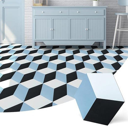 Art3d 30-Pack Hexagon Peel and Stick Vinyl Floor Tiles, Blue/Black/White | 11.8" x 10.2" Single Tile, Self Adhesive, Waterproof, Simple to Clean, Ideal for Kitchen, Bathroom, Living Room, Bedroom