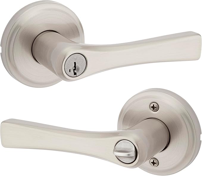 Kwikset Katella Entry Door Handle with Lock and Key, Secure Keyed Reversible Lever Exterior, For Front Entrance and Bedrooms, Satin Nickel, Pick Resistant Smartkey Rekey Security and Microban