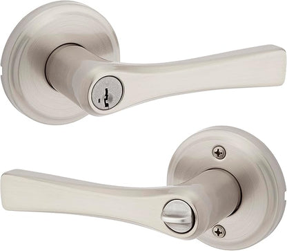 Kwikset Katella Entry Door Handle with Lock and Key, Secure Keyed Reversible Lever Exterior, For Front Entrance and Bedrooms, Satin Nickel, Pick Resistant Smartkey Rekey Security and Microban