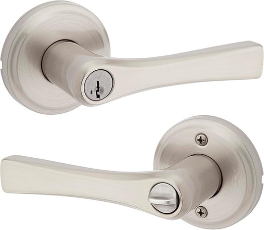 Kwikset Katella Entry Door Handle with Lock and Key, Secure Keyed Reversible Lever Exterior, For Front Entrance and Bedrooms, Satin Nickel, Pick Resistant Smartkey Rekey Security and Microban