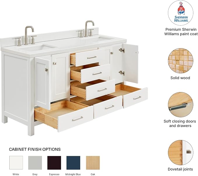 Beckford 66" White Double Bathroom Vanity, 1.5" Edge Pure White Quartz Countertop, 2 Rectangular Undermount Sinks, 4 Soft Closing Doors, 6 Dovetail Drawers