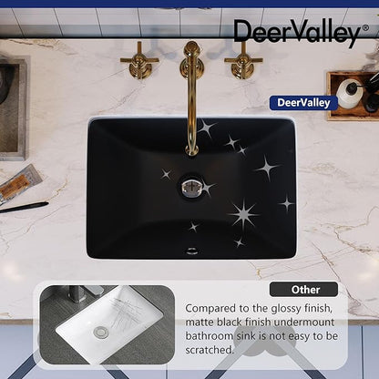 DeerValley Black Undermount Bathroom Sink 18'' x 13'' Rectangular Ceramic Bathroom Wash Basin with Overflow Hole DV-1U306B