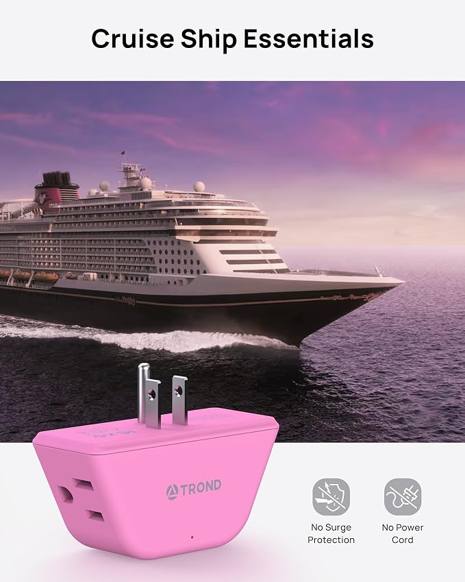 TROND Pink Outlet Extender with 3-Prong Grounded Sockets, for Tight Spaces | 3 Way Angled Plug Splitter, Compact and Practical Multiple Wall Expander for Home Travel Cruise Essentials
