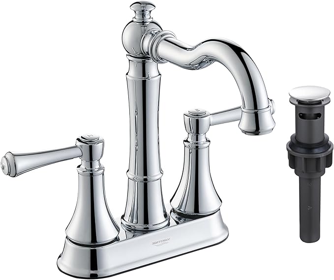 4" Centerset Polished Chrome Bathroom Faucets for 2/3-Hole Sinks | Includes Plastic Pop-Up Drain, Classic 4" Center Set Lavatory/Bath Vanity Faucets, 2-Handle High Arc 360° Swivel Brass Spout