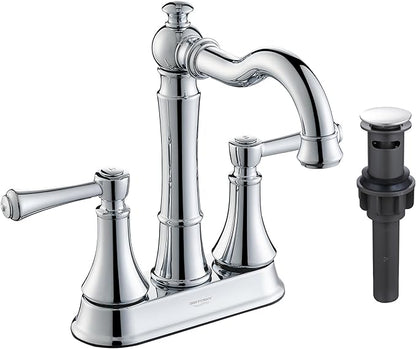 4" Centerset Polished Chrome Bathroom Faucets for 2/3-Hole Sinks | Includes Plastic Pop-Up Drain, Classic 4" Center Set Lavatory/Bath Vanity Faucets, 2-Handle High Arc 360° Swivel Brass Spout