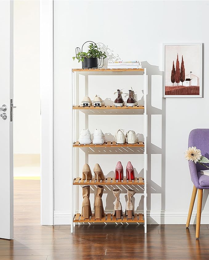 SONGMICS Bamboo Storage Shelf, 5-Tier Shelving Unit, Multifunctional, in The Entryway, Bathroom, Living Room, Balcony, Kitchen, 10.2 x 23.6 x 51.2 Inches, Cloud White and Light Bamboo UBCB35WN