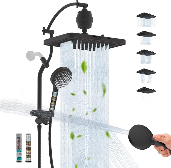 Hibbent Dual-Filtered 13" Showerhead & 10-Mode Handheld, Oil-Rubbed Bronze | High Pressure 5-Spray Showerhead, 4-way Diverter, Heightened All Metal Extension Arm, 3 Filter Cartridges, Easy Reach