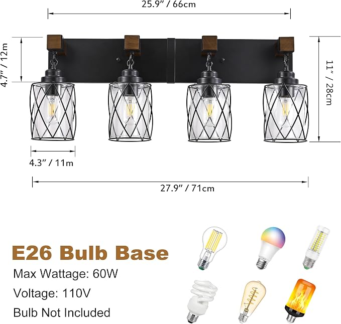 Bathroom Light Fixtures, Farmhouse Black Metal with Glass Shade | 4 Light Rustic Vanity Lights, Wood Accent Wire Cage Design, Mounts Over Mirror, Ideal for Bedroom & Hallway,Easy to Install