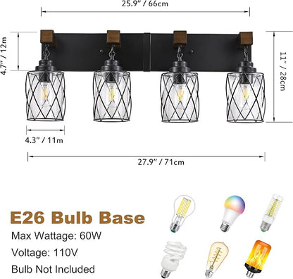 Bathroom Light Fixtures, Farmhouse Black Metal with Glass Shade | 4 Light Rustic Vanity Lights, Wood Accent Wire Cage Design, Mounts Over Mirror, Ideal for Bedroom & Hallway,Easy to Install