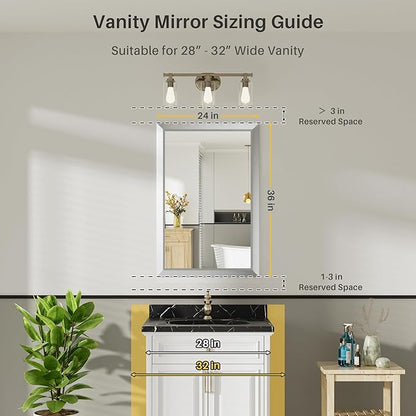24x36 Inch Brushed Silver Bathroom Mirror for Wall, Thick Metal Framed Rectangle Mirrors for Over Sink, Bedroom, Living Room, Entryway, Anti-Rust, HD Tempered Glass