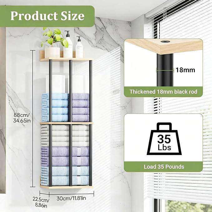 Large Capacity Three-Layer Towel Racks for Bathroom Wall Mounted, Updated 3 Bar Towel Holder for Bath Wall, Bath Towel Rack for Bathroom Wall, Metal Small Bathrooms Towel Storage Rack, Oak Color