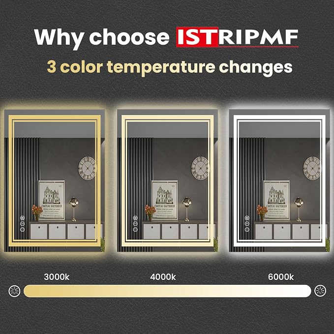 24x28 Inch LED Bathroom Mirror with Lights | Front and Backlit, 3 Colors, Dimmable, Memory, Anti Fog, Shatterproof, Horizontal/Vertical, Lighted Mirrors for Bathroom Wall