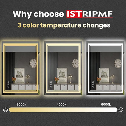 24x28 Inch LED Bathroom Mirror with Lights | Front and Backlit, 3 Colors, Dimmable, Memory, Anti Fog, Shatterproof, Horizontal/Vertical, Lighted Mirrors for Bathroom Wall