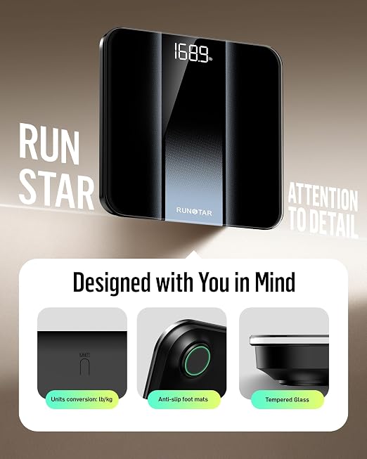 RunStar Digital Bathroom Scale for Body Weight with High Precision, Clear LED Backlight Display, Accurate Scale with Durable Tempered Glass, 400lb, Silver