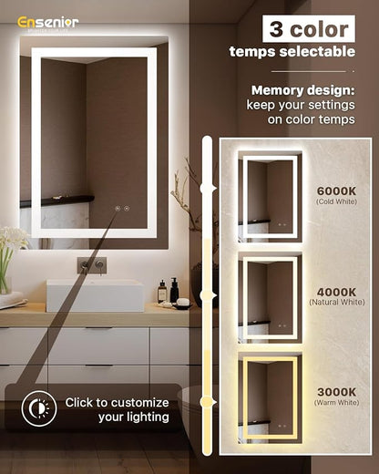 Ensenior LED Bathroom Mirror 24"x 32" with Front and Backlight, Stepless Dimmable Wall Mirrors with Anti-Fog, Shatter-Proof, Memory, 3 Colors, Modern LED Vanity Mirror-ETL & FCC