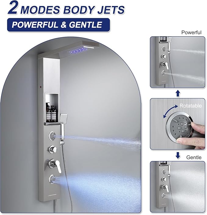 ROVATE LED Rainfall Waterfall Shower Panel Tower System with Shelf, Brushed Shower Column Stainless Steel with Powerful Mist and Massage Body Jets, Handheld, Waterfall Tub Spout