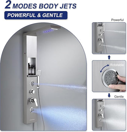 ROVATE LED Rainfall Waterfall Shower Panel Tower System with Shelf, Brushed Shower Column Stainless Steel with Powerful Mist and Massage Body Jets, Handheld, Waterfall Tub Spout