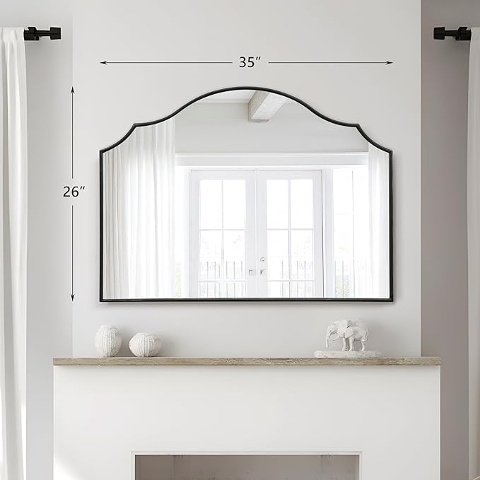 Besdomus Black Scalloped Dresser Mirror: 35"x26" Wooden Bathroom Mirror | Modern Minimalist Decorative Arched Wall Mirror for Vanity/Mantel/Bedroom/Entryway/Fireplace/Nightstand/Dining Room/Over Sink