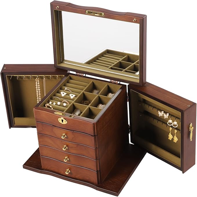 Extra Large 5 Layers Wooden Jewelry Box Jewelry Case Cabinet Armoire Ring Necklacel Gift Storage Box Organizer(5 Layers,W/mirror,Brown)