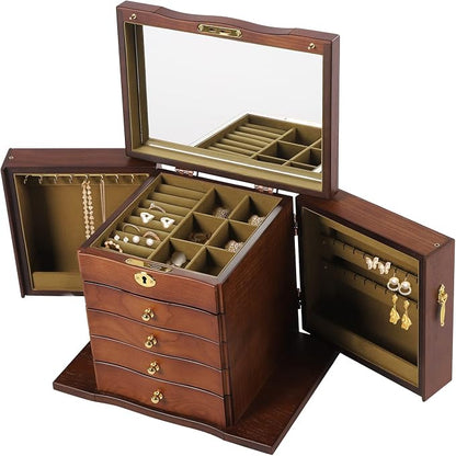 Extra Large 5 Layers Wooden Jewelry Box Jewelry Case Cabinet Armoire Ring Necklacel Gift Storage Box Organizer(5 Layers,W/mirror,Brown)