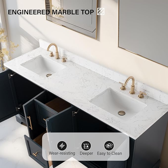 HOMEBEYOND 72 Inch Bathroom Vanity with Double Sink & Ceramic Top, Vanity Cabinet with Center Countertop Basin, Soft-Closing Doors, Backsplash, Vintage Spruce Blue