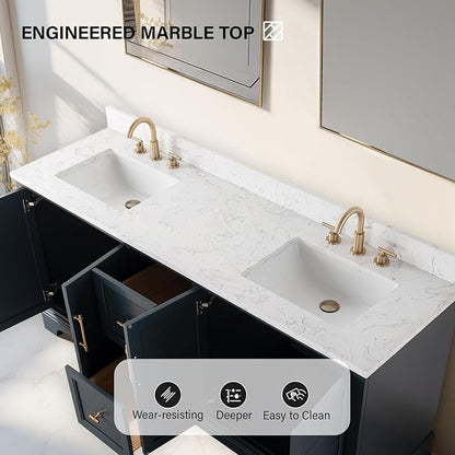HOMEBEYOND 72 Inch Bathroom Vanity with Double Sink & Ceramic Top, Vanity Cabinet with Center Countertop Basin, Soft-Closing Doors, Backsplash, Vintage Spruce Blue