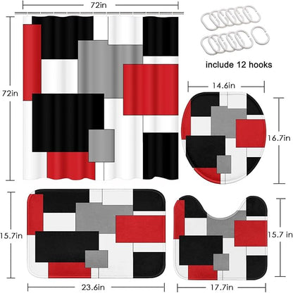 Bathroom Sets with Shower Curtain and Rugs, 4 Pcs, Red Geometric | Checkered Abstract Art Modern Bathroom Decor Set with Toilet Lid Cover, Non-Slip Bath Mats and Accessories 12 Hooks