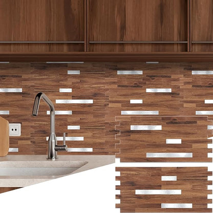 Yipscazo 40 Sheets PVC Wall Tiles Stick on Tiles for Backsplash Kitchen, Bathroom, Laundry Room, Camper, Fireplace (6'' X 12'', Brown Wood)