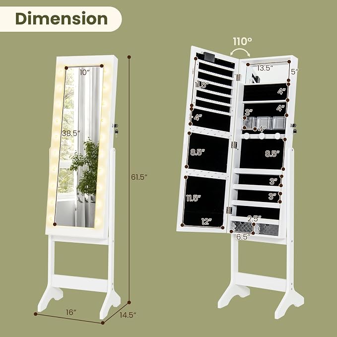 GOFLAME Jewelry Armoire Cabinet Standing, Lockable Full Length Mirror with Storage Shelves and 2 Drawers, Adjustable Tilt Angles, Stand Up Jewelry Box with Lighted Mirror (White)