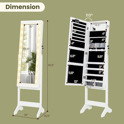 GOFLAME Jewelry Armoire Cabinet Standing, Lockable Full Length Mirror with Storage Shelves and 2 Drawers, Adjustable Tilt Angles, Stand Up Jewelry Box with Lighted Mirror (White)