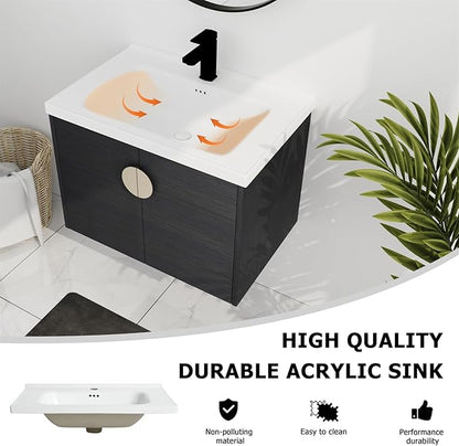 28inch Wall Mount Bathroom Vanity w/Sink Combo for Small Space, Ceramic Countertop Double Doors Modern Bathroom Vanity Cabinet, Floating Black Bathroom Vanity and Sink Set w/Gold Handle
